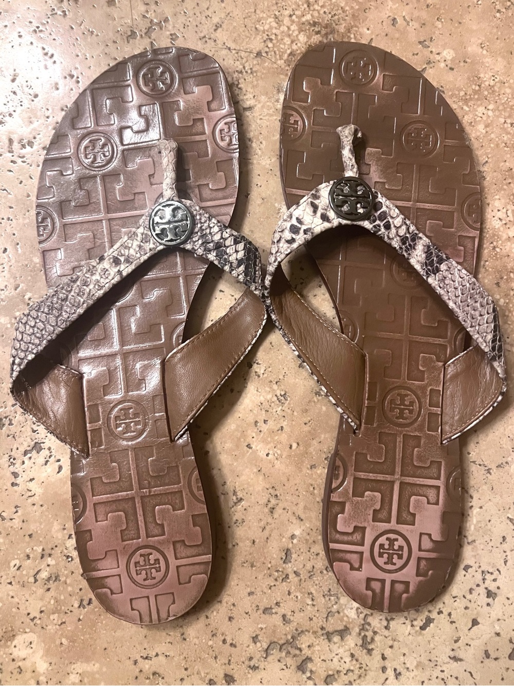 Tory Burch Brown Snake-Print Thong Sandals with Logo Medallion